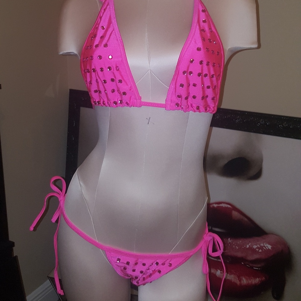 Skinny dip pink rhinestone string bikini